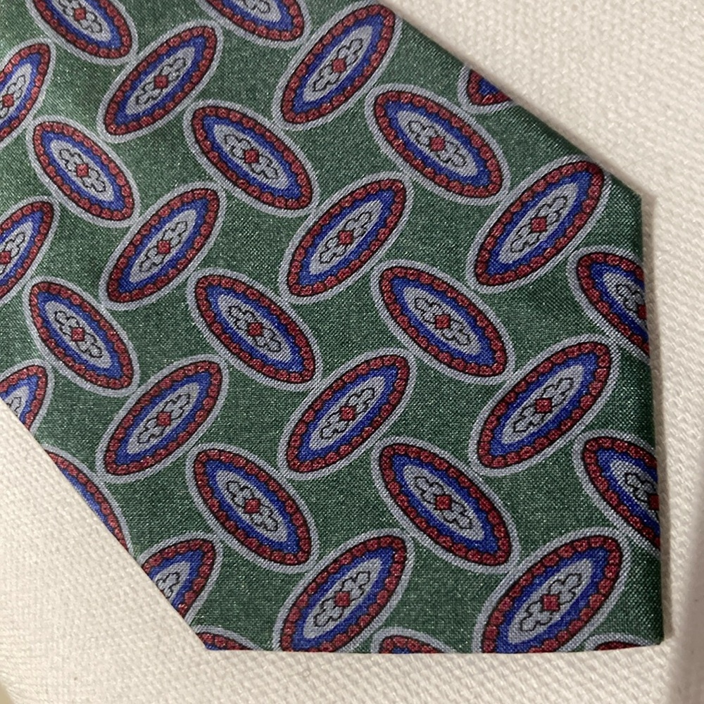 Vintage JSACO Men's Slim Silk Tie Green Red Blue Gray Geometric Pattern